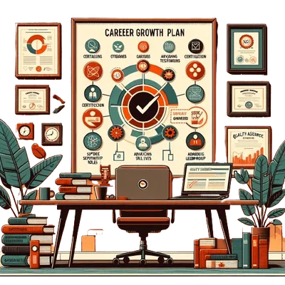 biurko i fotel pod tablicą z planem rozwoju osobistego